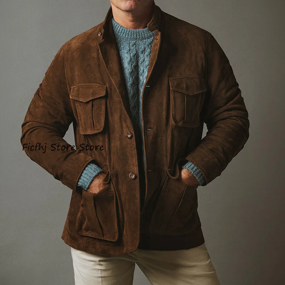 

Fashion Suit Jackets for Man Casual Style Men's Social Coat Lapel Collar Four Pockets Urban Blazers Faux Suede Fabric Suits