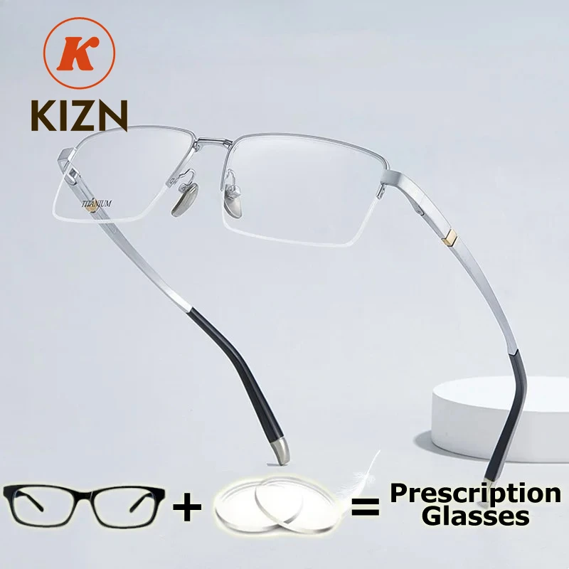 KIZN Top Quality Men Prescription Glasses Semi Rim Pure Titanium Eyewear Frame Prescription for Vision Lenses Multifocal Wide Fi