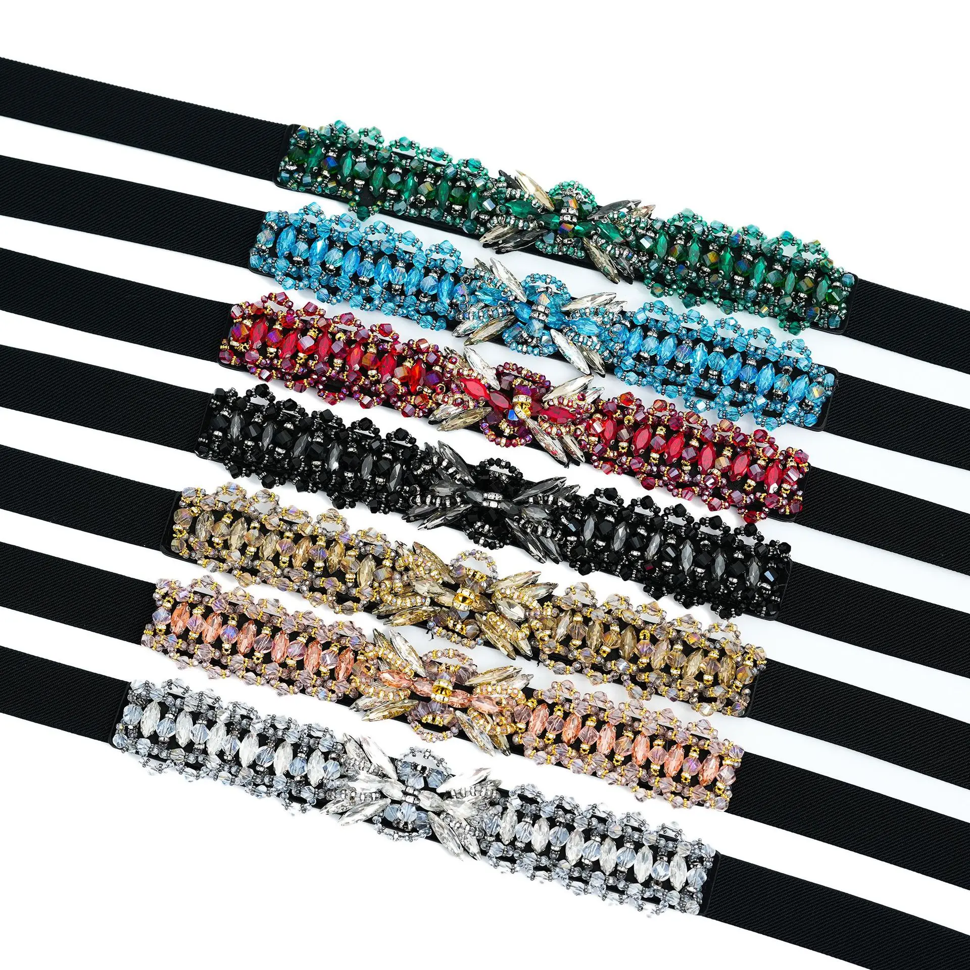 高品質ガラスラインストーンウエストベルト女性のための弾性ワーシトバンドドレス装飾ブリンブリングリーンサテンストレッチラインストーンベルト