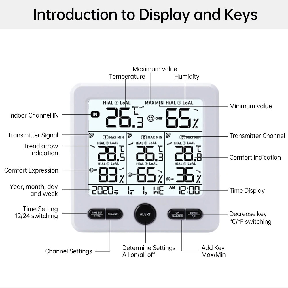 Weather Station Wireless Indoor Outdoor Thermometer Digital Temperature Hygrometer With 3pcs Remote Sensors Smart Home