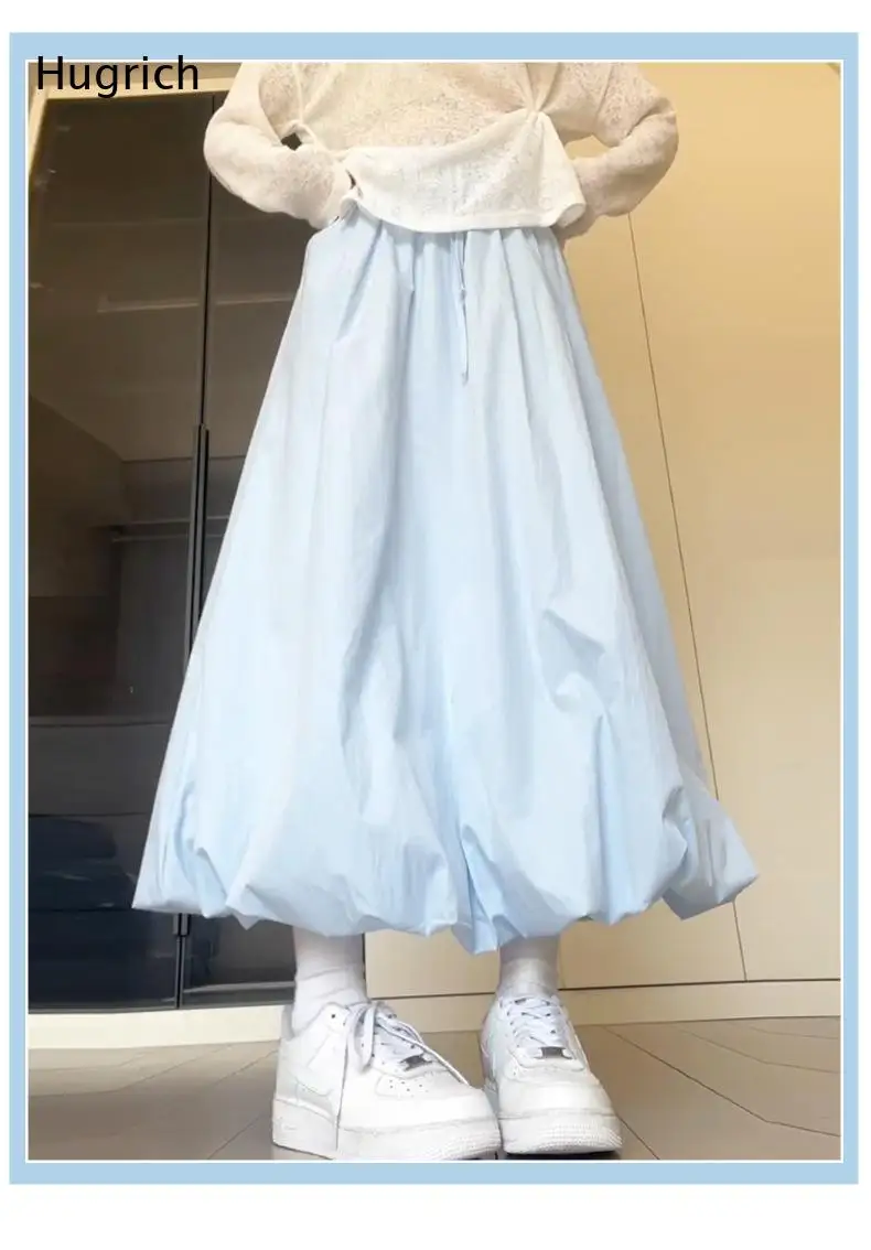Elastic Drawstring Waist Bubble Midi Skirt Ruffled Hem Double Layer Inner Shorts Casual Puffy Skirt