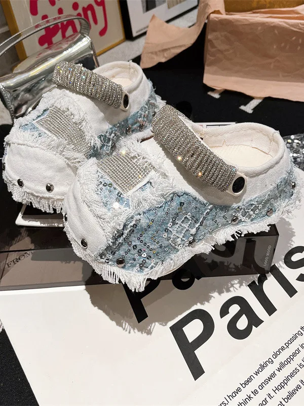 

European Handmade DIY Heavy Industry Denim Rhinestone Thick-soled Muffin Baotou Hole Shoes Punk Style Half Slippers Womens