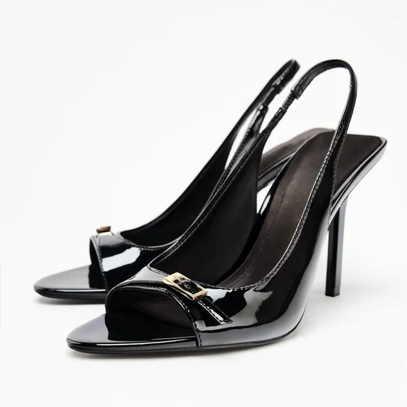 Sandalias de tacón alto de charol negro para mujer, calzado Sexy con hebilla de Metal a la moda, tacón fino, zapato de diseñador de marca, zapato elegante para vestido de banquete