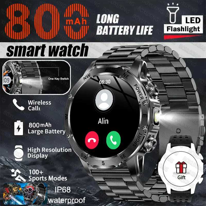

New Smart Watch Flashlight 1.53inch Men Outdoors Sports Fitness Tracker 800mah Large Battery BT Calling LED Light Smartwatch