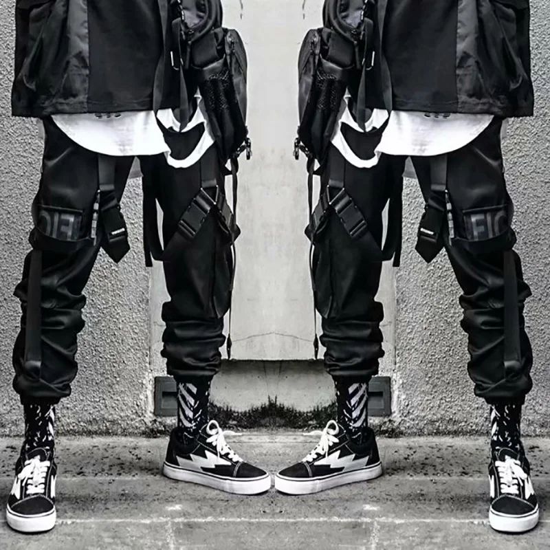 Streetwear Stacked ed Sweatpants 남성 힙합 펑크 카고 바지 남성용 블랙 리본 Harem Harajuku Japanese Fashion Trousers