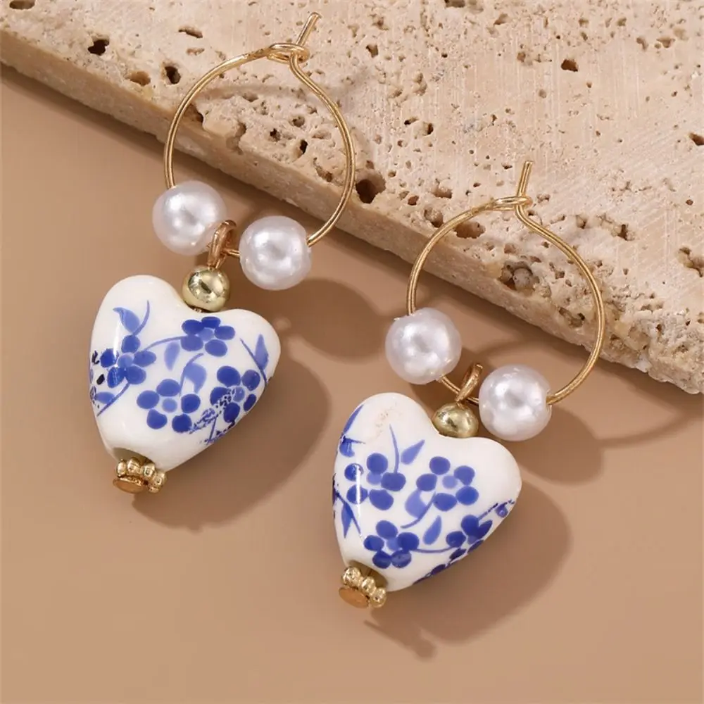 Ceramics Pearl Dangle Earring Handmade Rice Bead Blue and White Porcelain Earrings Alloy Bohemia Earrings Flower Beaded Earring