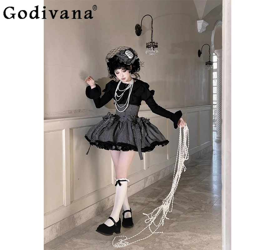 القوطية لوليتا ملابس النساء النمط الياباني قميص أسود مخطط تنورة مجموعة الإناث الخريف التخسيس ارتداء اليومي تنورة الدعاوى #5