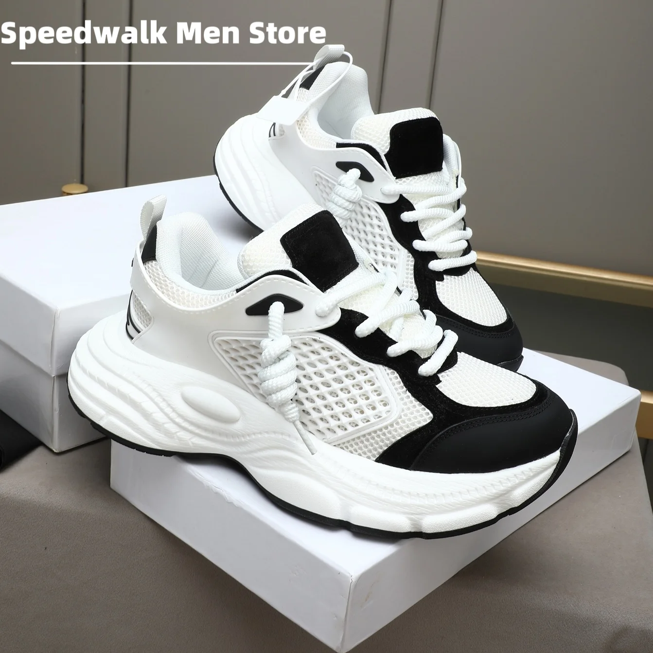Men Hollow Breathable Mesh Dad Sneakers Suede Patch Chunky Elevator Platform Non Slip Summer Daily Walking Trainers Multi Colors