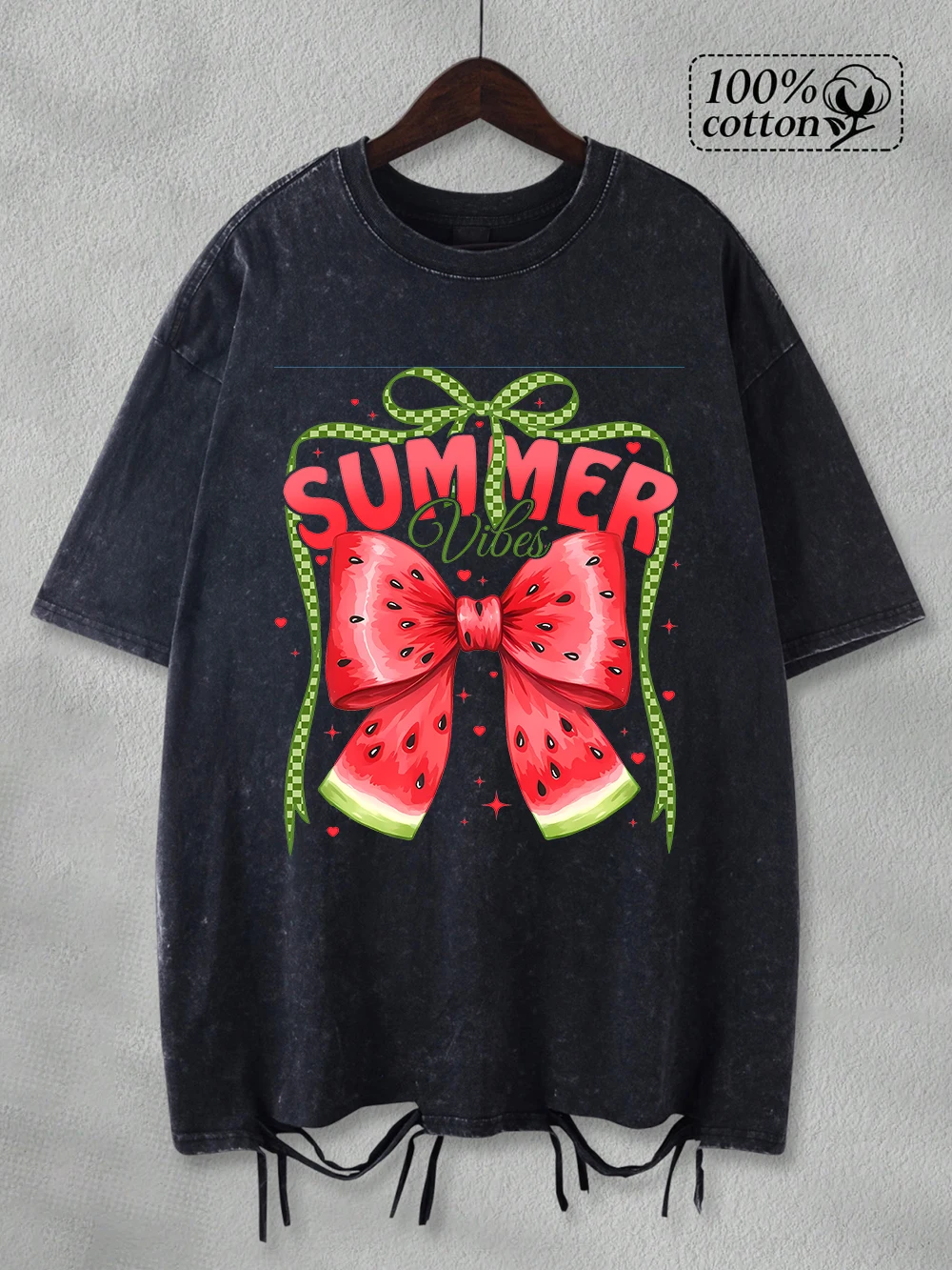100% Cotton Washed T-Shirts Womens Oversized Summer Vibes Watermelon Prints Tops O-Neck Distressed Holes T Shirt Casual Clothes