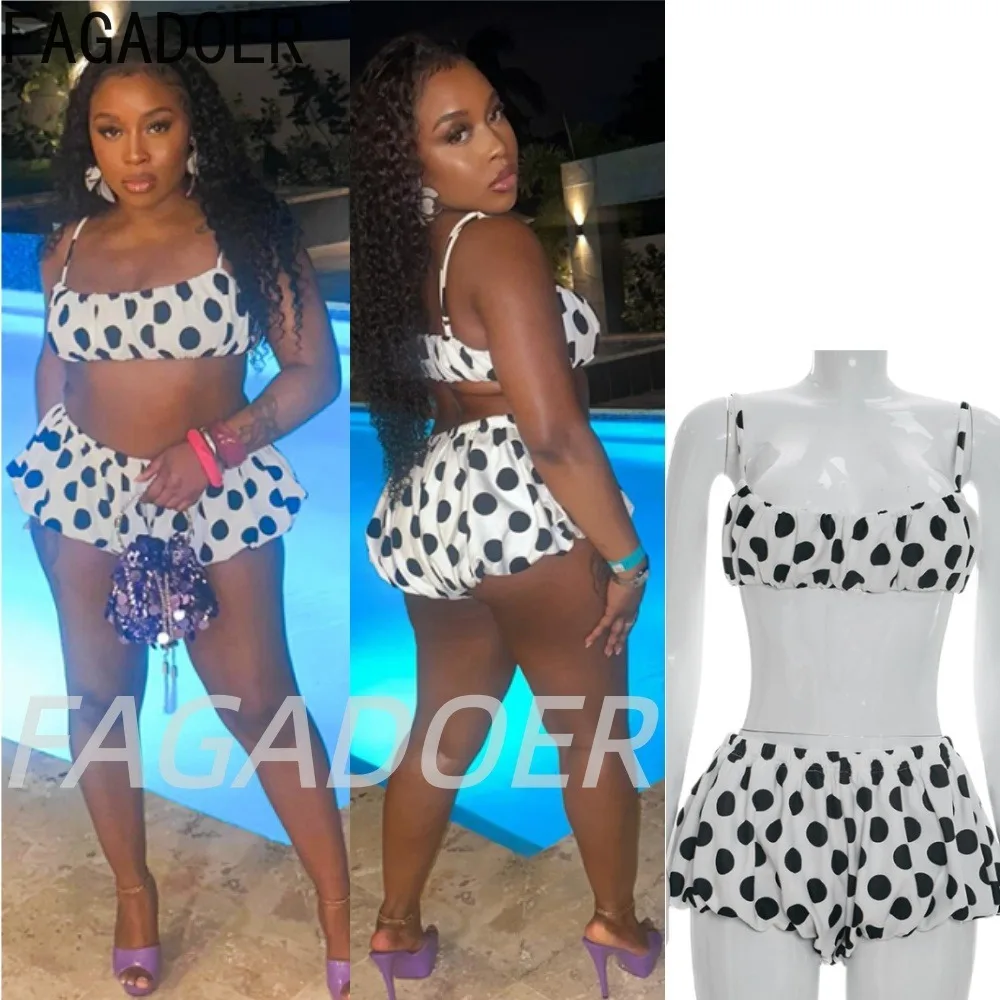 

FAGADOER Retro Polka Dot Two Piece Sets Spaghetti Strap Ruched Crop Top + Bubble Puff Shorts Outfits Women Holidays Suits