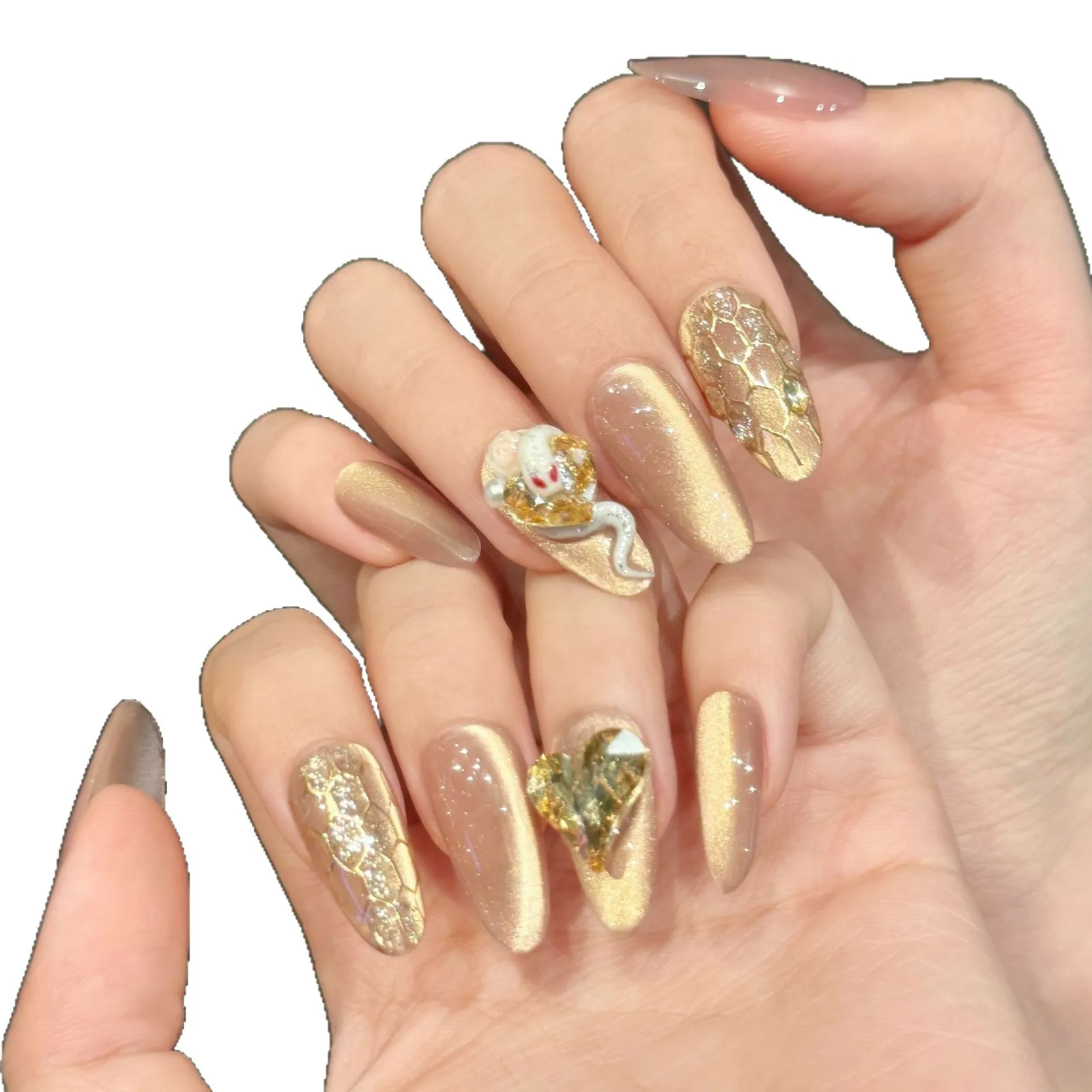 10 Stück handgemachte Nägel zum Aufdrücken, glänzend, orangefarben, Katzenauge, einfarbig, Mandel, künstliche Nägel, 3D-weiße Schlange, Strass-Dekor, künstlicher Nagel