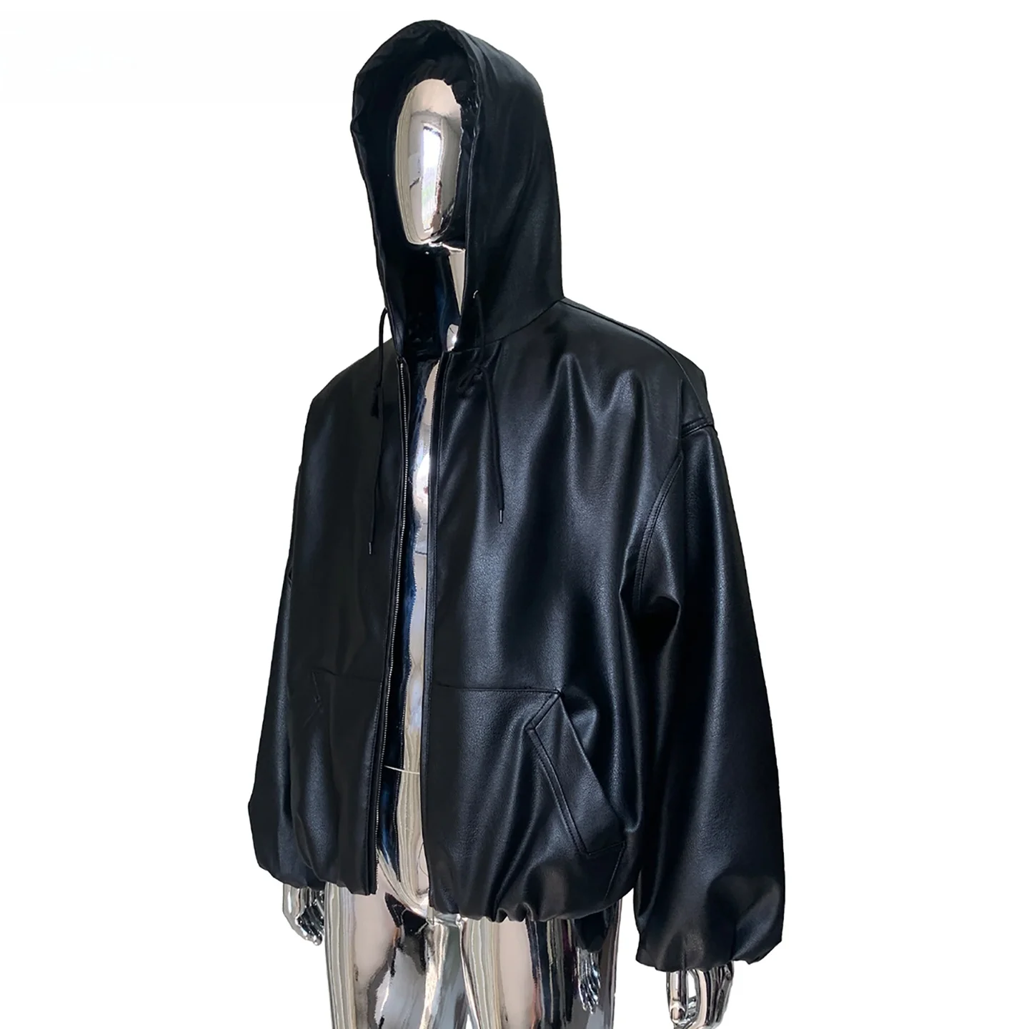 

Nerazzurri Men's Casual Sle Bla PU Leather Jaet Hooded ort Oversize Zipper Closure Windproof Water Repellent Coat