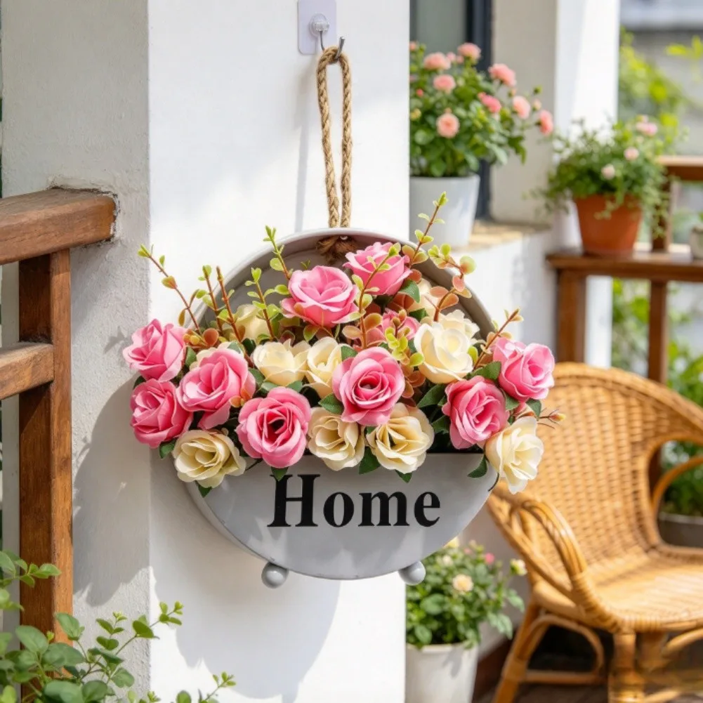 Wall Mounted Iron Flower Basket with Artificial Silk Blooms for Decorative Use in Living Room Bedroom or Dining Area