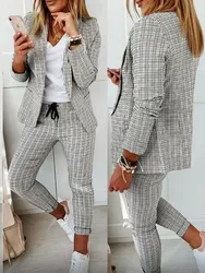 Nieuwe Herfst Winter Plaid Print Tweedelige Sets Vrouwen Casual Inkepingskraag Blazer & Broek Outfits Mode Elegante Pak Sets