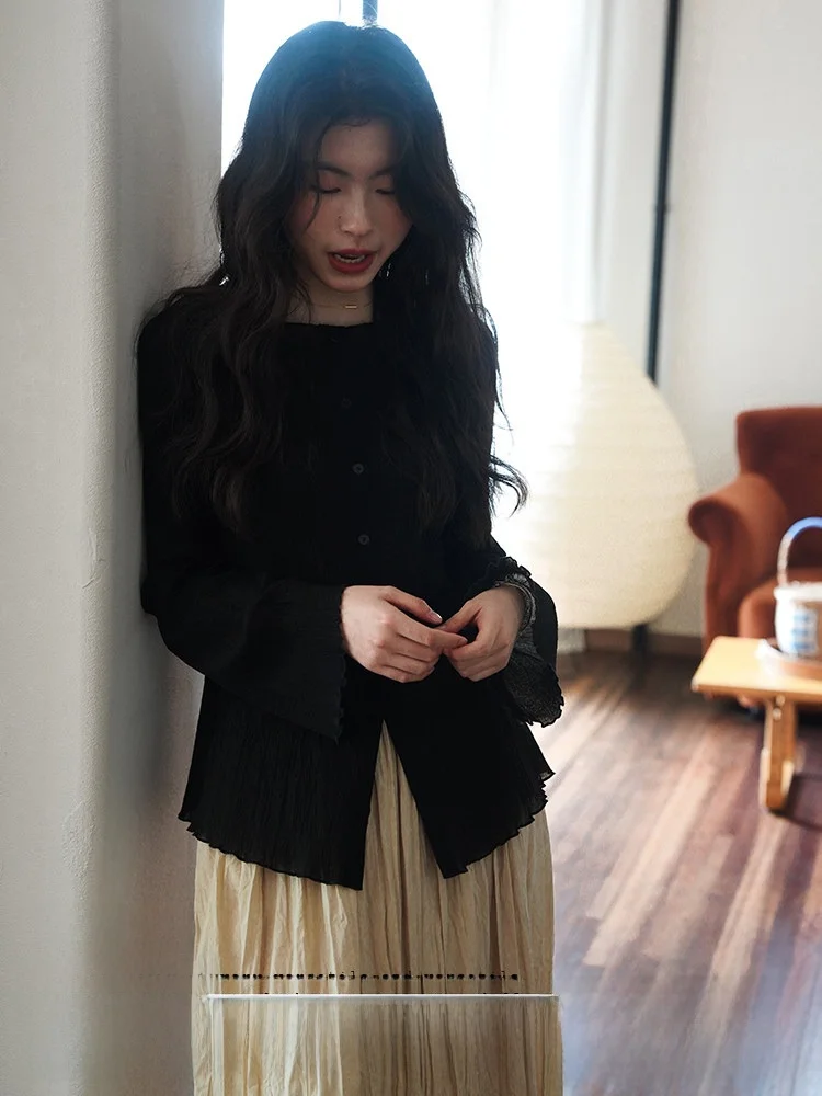 

Ele Bla Long Sve irt Красивые плиссированные деревянные ain Lazy для похудения женские хлопковые милые рукава прямого кроя