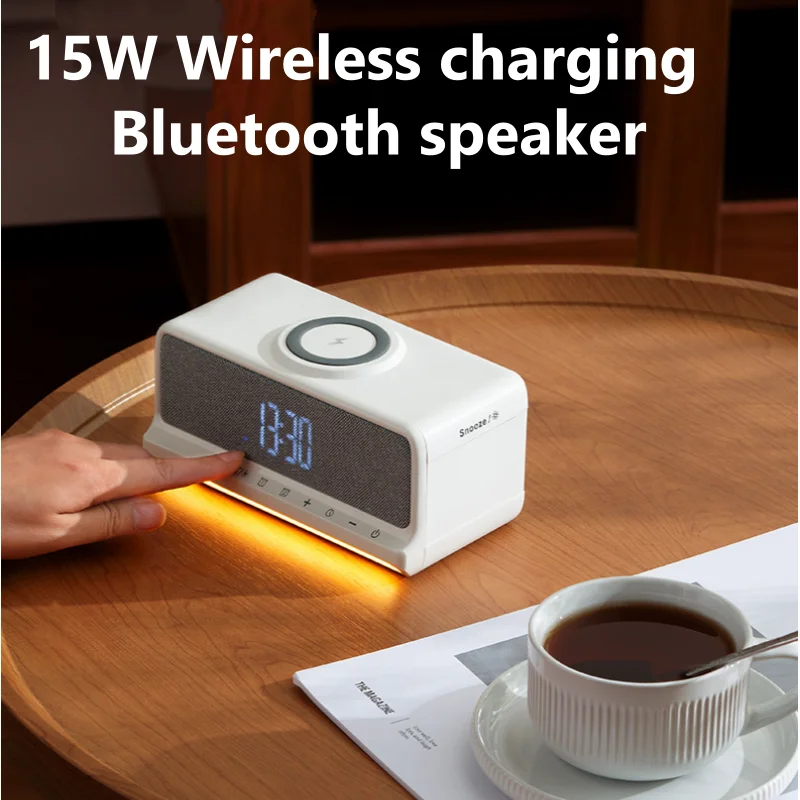 

Portable MultiFunction Bluetooth Speaker Night Light Mobile Phone15W Wireless Charger With Alarm Clock White Noise Music Box