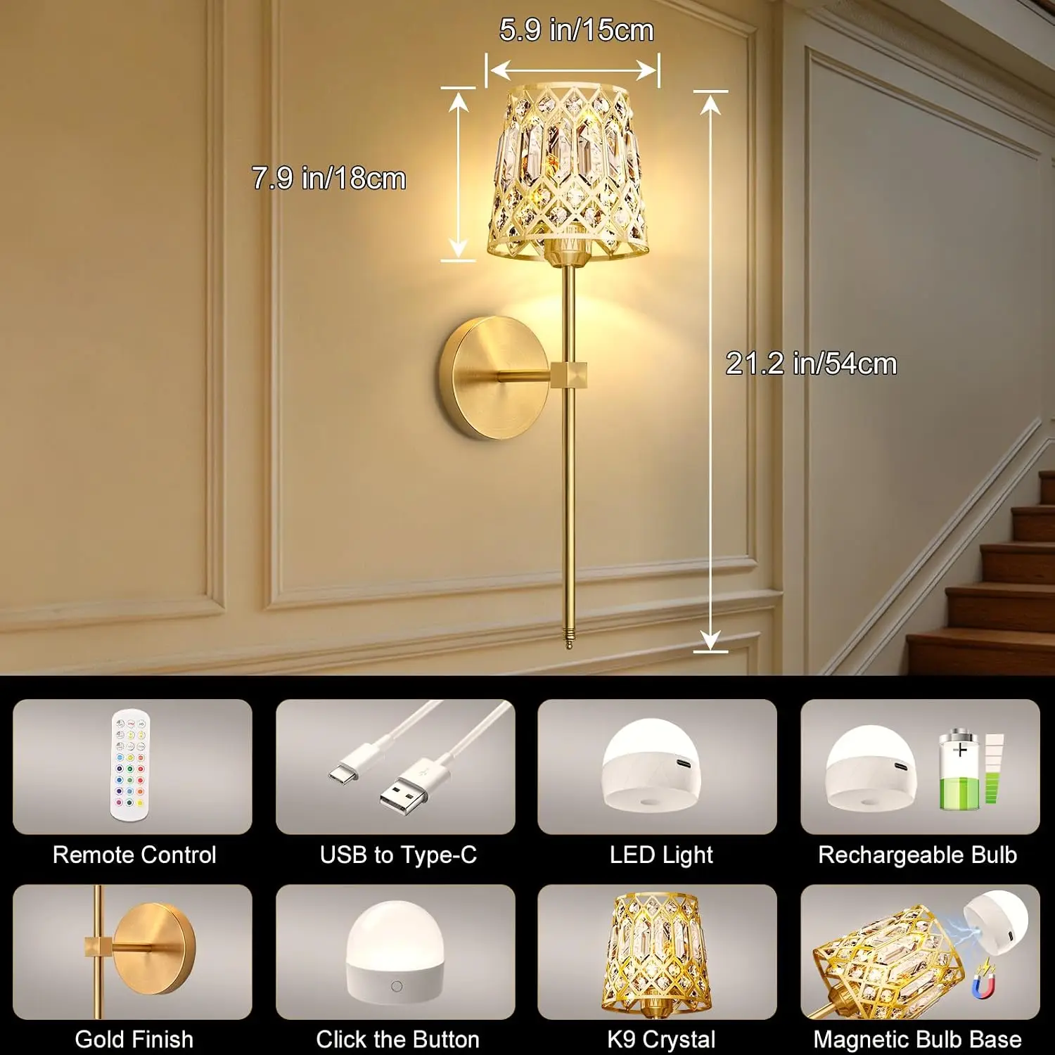 Golden battery-powered wall lamps (2 Pack), adjustable 12-color RGB and 3CCT wall lamps, with remote control, suitable for use in living rooms, bedrooms and corridors.