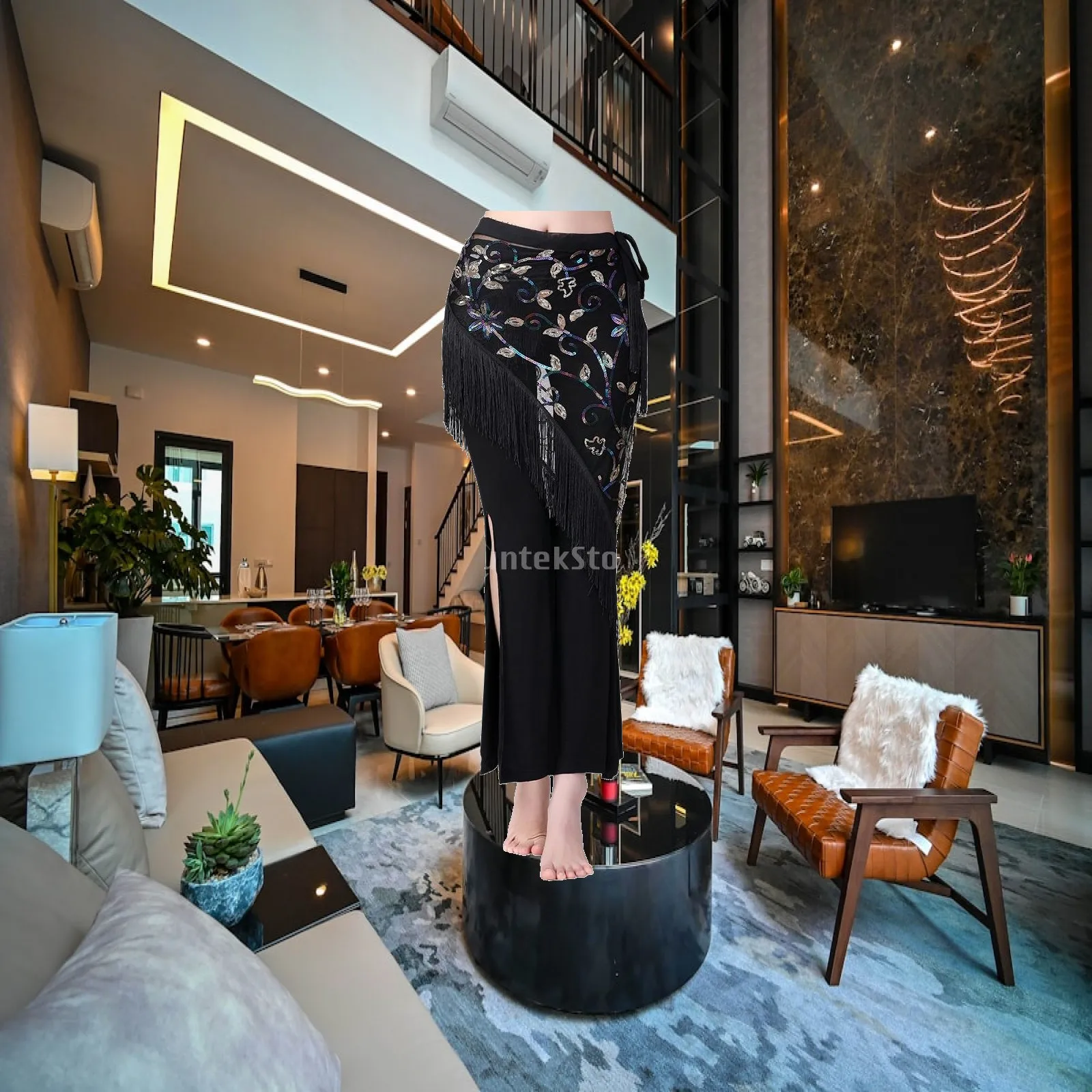 Sequins Fringe Hip Scarf Belly Dance Chiffon Waist Chain for Nightclub Performance and Latin Practice Wear