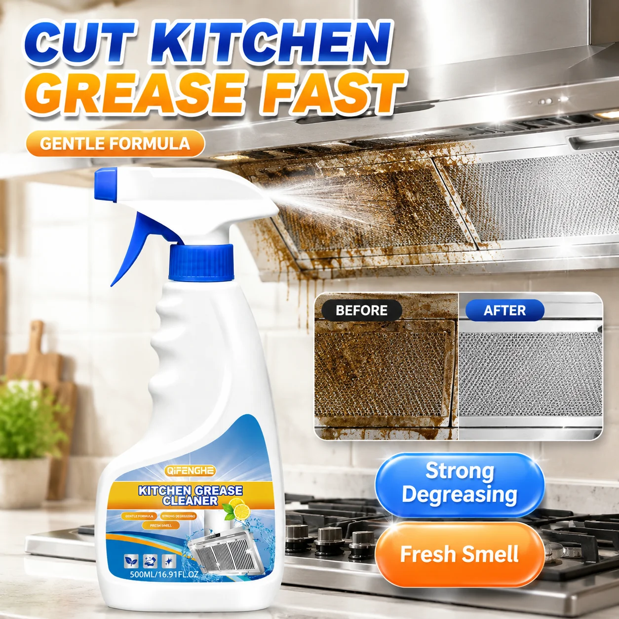 Powerful Kitchen Grease Cleaner Spray 500ml Degreaser for Stoves Range Hood Ovens Cooktop Oil Stain Grime Remover Less Scrubbing