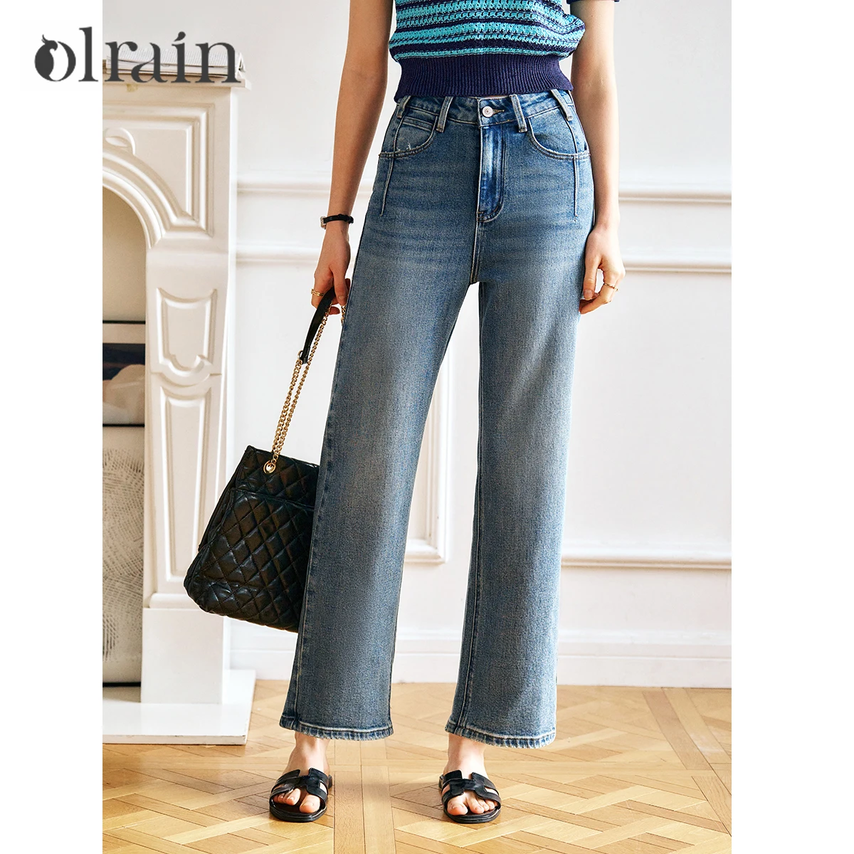 

OLrain Women's Blue Straight-Leg Jeans for Woman 2025 Cropped Cigarette Pants Ladies Denim Trouses Female Clothes N57CA96330