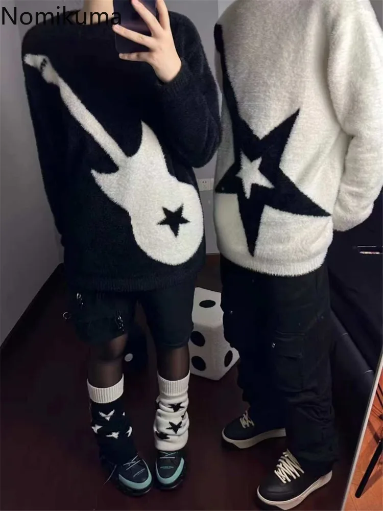 

Streetwear BF Oversized Pullovers Winter Clothing O-neck Jacquard Jumper Korean Sueter Mujer Fashion Knitted Sweater for Women