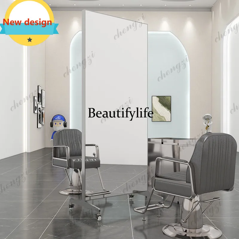 Barber shop movable mirror table floor mirror double-sided, new hair salon, full body hair cutting mirror