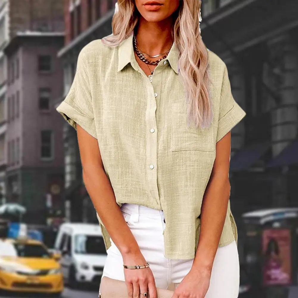 Camisas Summer Women Solid Top Blouse Fashion Button Casual Short Sleeve Cotton Linen Loose Elegant Tops Shirt 2024 New Shirts