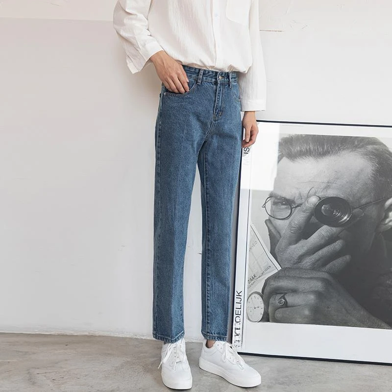 Mens 2026 Fall Trendy Straight Denim Pants Loose Fit Wide Leg Korean Style Versatile Trousers
