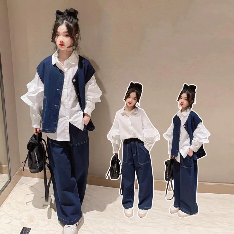 

Korean Spring Autumn Children Girl 3PCS Clothes Set Junior Girl Long Sleeve Top+Denim Vest+Straight Pants Set For Girls 4-12Yrs