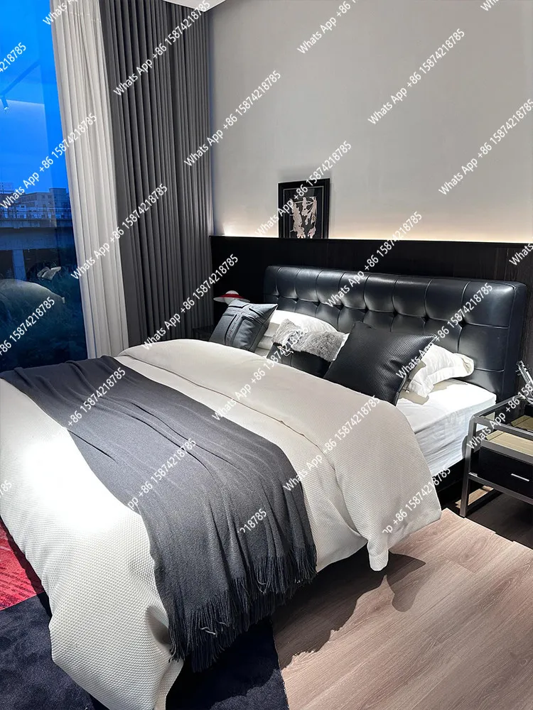

Zx Italian Minimalist Designer Simple Black First-layer Leather Master Bedroom 1.8 Meters 1.5 Double Suspended Bed