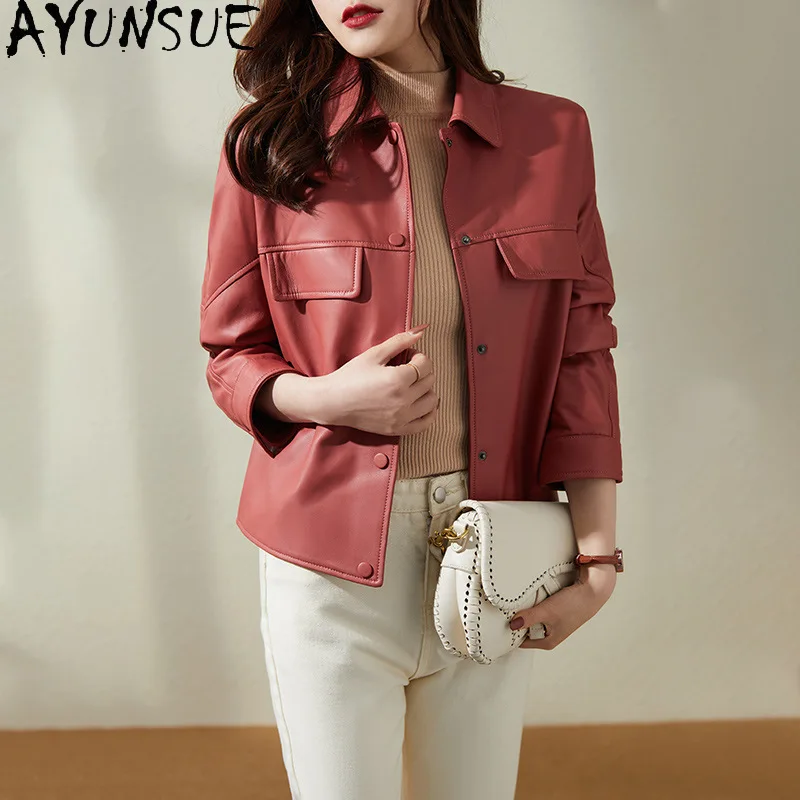 AYUNSUE Real Leather Jackets for Woman Solid Short Motorcycle Style Outerwears Woman Sheepskin Coats Woman Clothes Spring Autumn