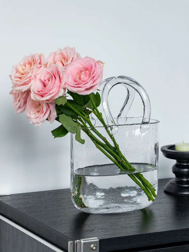 Crystal Handbag Flower Vase Home Decorative Accories Transparent Water Cultivated Roses Soft Home Decor Basket European St...