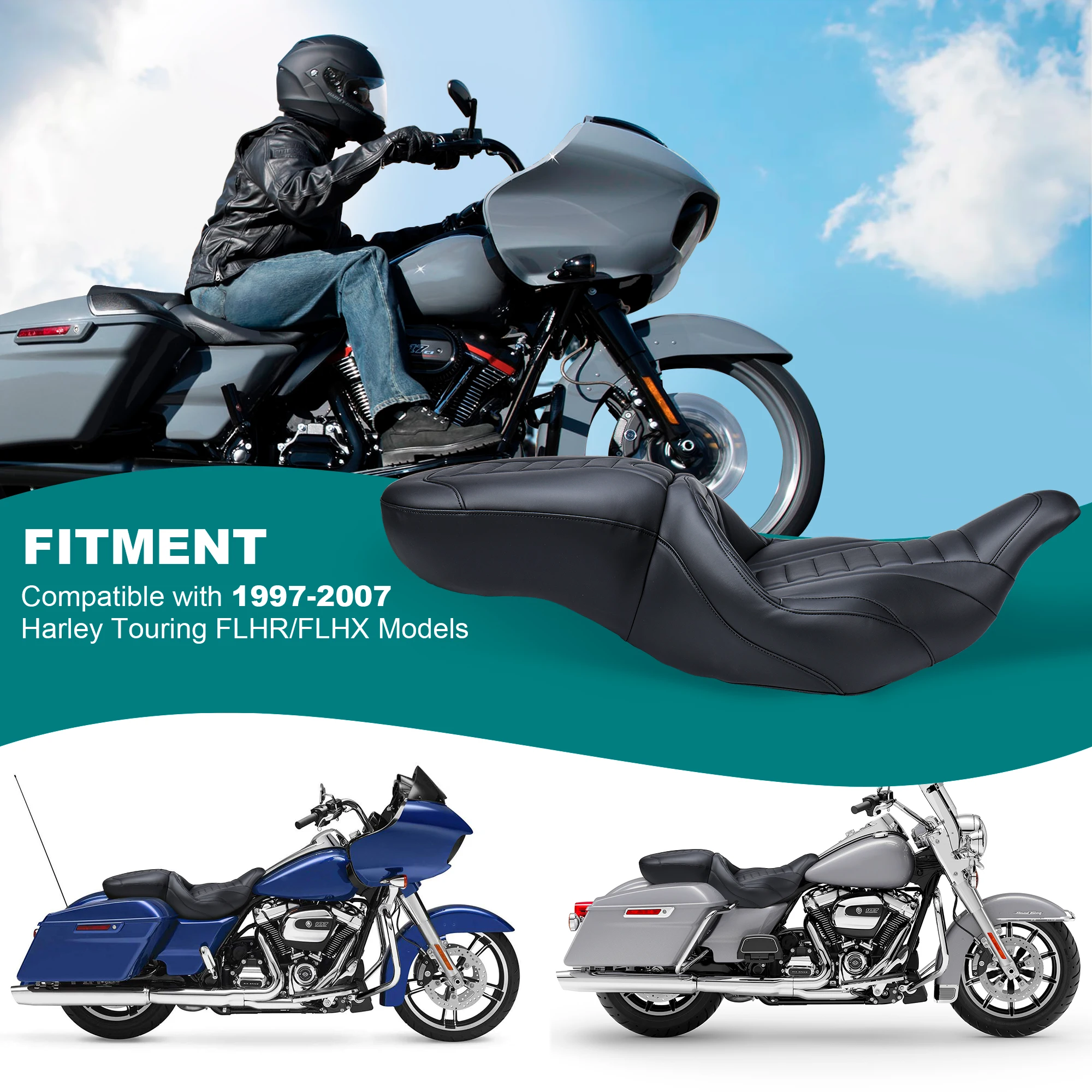 Touring Driver Passenger Seat One-Piece for Harley 1997-2007 Road King FLHR and 2006-2007 Street Glide FLHX, Stripes Stitched