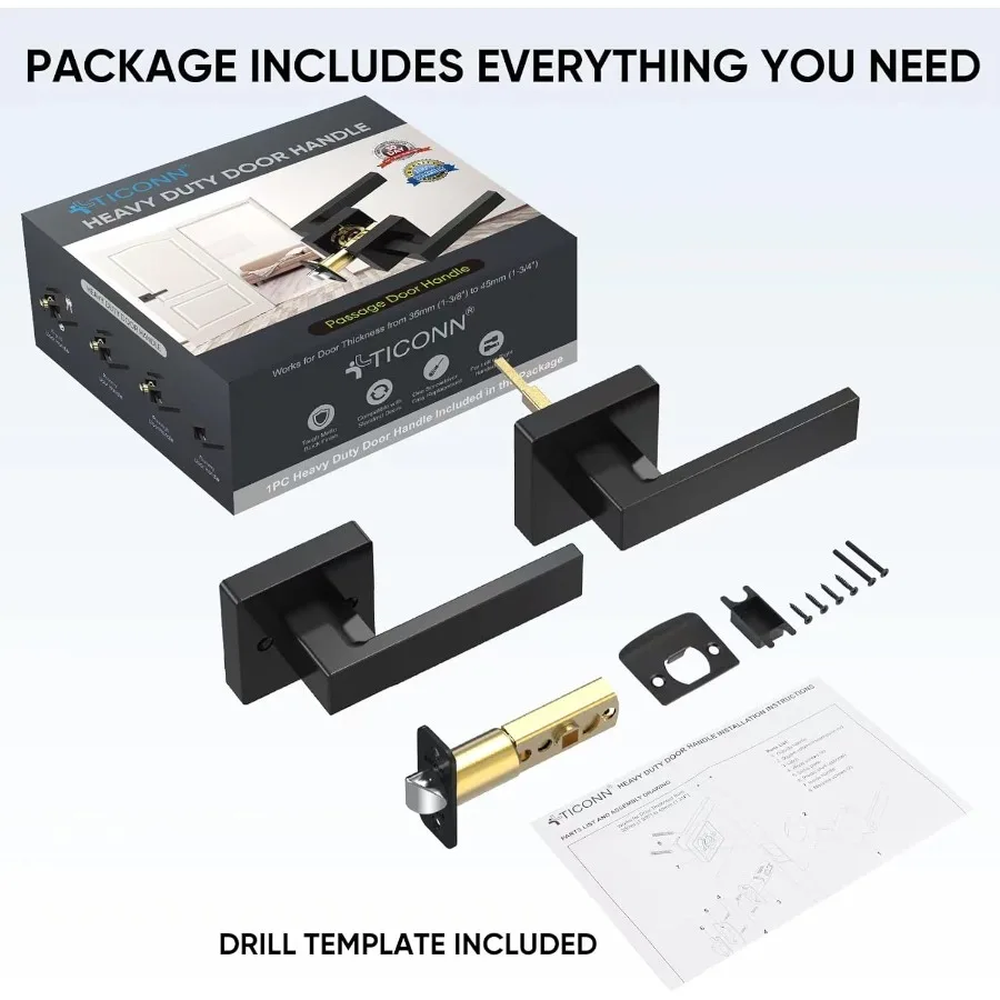 رافعة باب مربعة قابلة للعكس باللون الأسود غير اللامع شديدة التحمل لحمام غرفة النوم والغرف الداخلية مثالية للاستخدام في الممر بتصميم متين