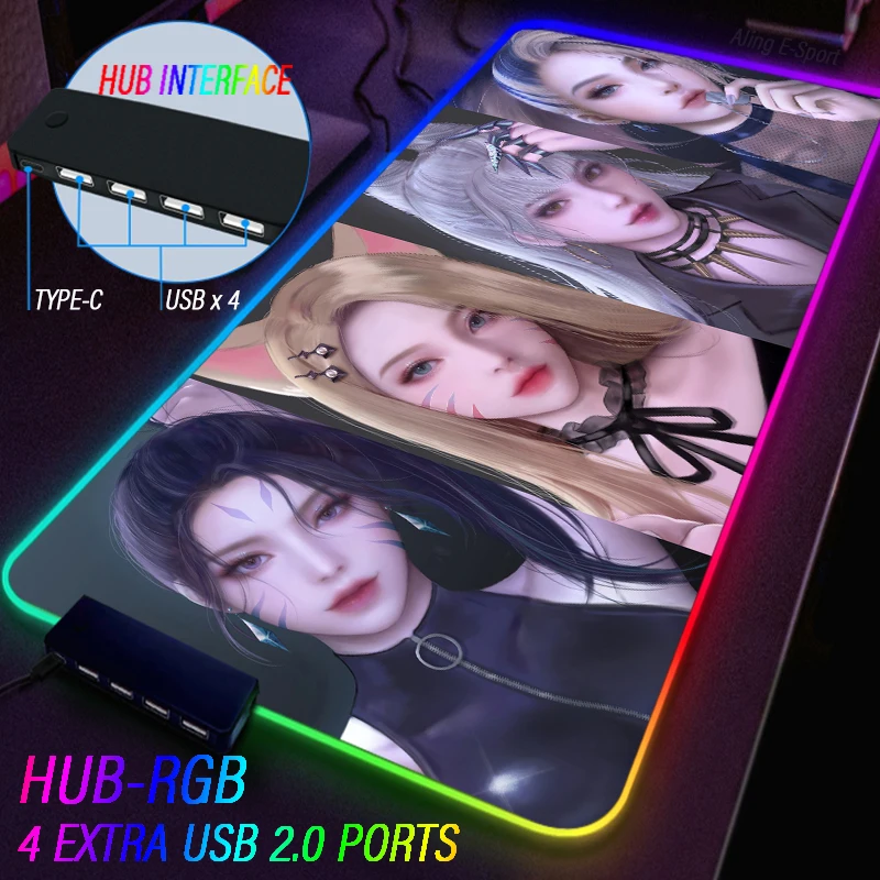 

Игровой коврик для мыши LOL KDA RGB, коврик для стола «Лига Легенд», коврик с 4 портами USB, персонализированный ковер Akali Ahri Evelyn KaiSa Seraphine