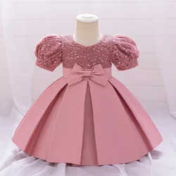 Sequin Princess Party Dress For Girls Pleated Dresses Girl Puff Sleeves Formal Birthday Clothes With Bow Kids Elegant Costumes