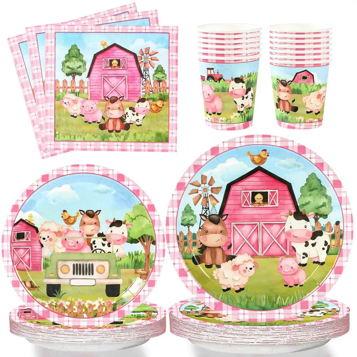 Pink Farm Party Birthday Decorations Disposable Tableware Paper Plates Cups Tablecloth Baby Shower Kids Boys Girls Party Decor