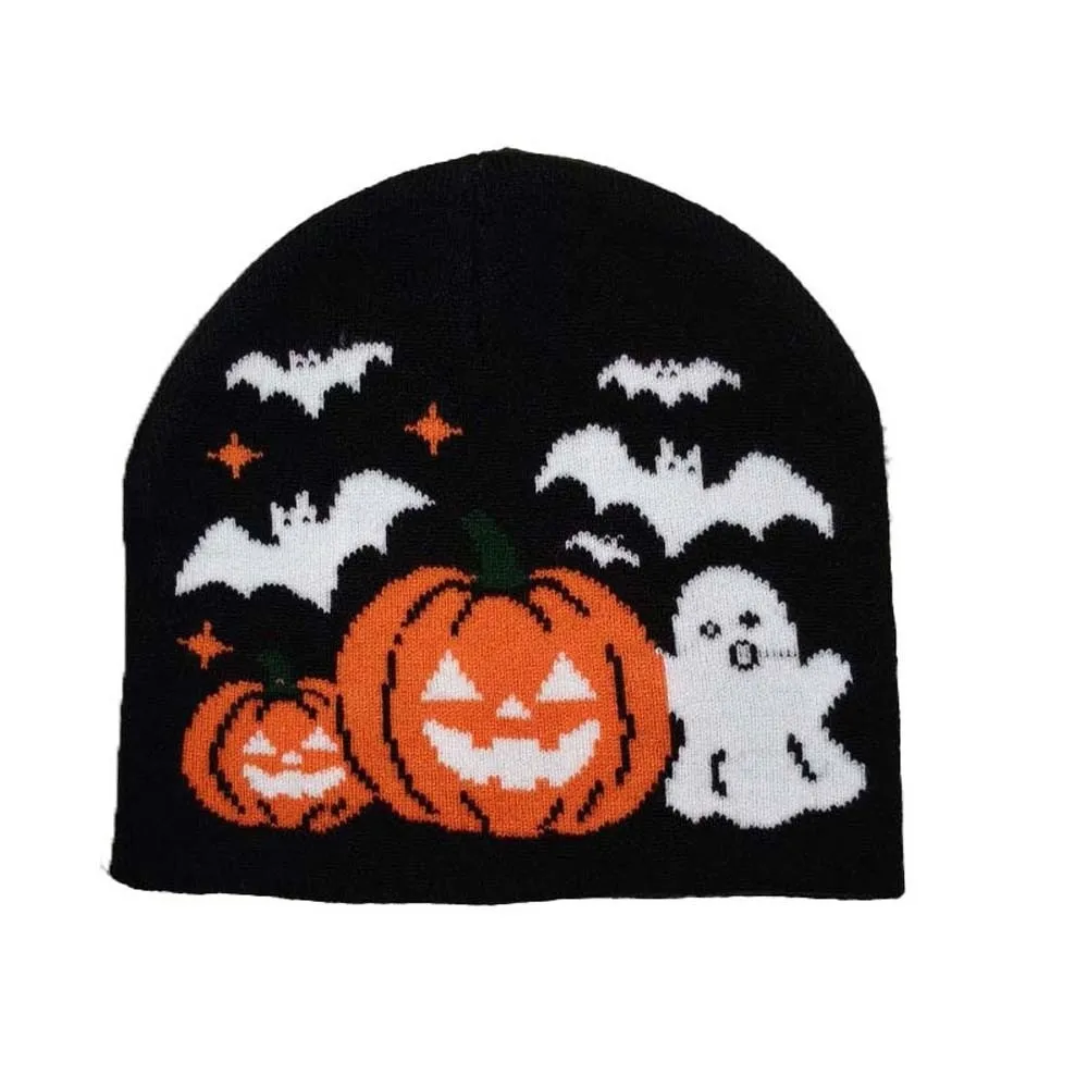 Jacquard Knit Cap Thermal Halloween Beanie Flexible Elastic Ghost Skullies Breathable Cozy Pumpkin Bonnets Youth