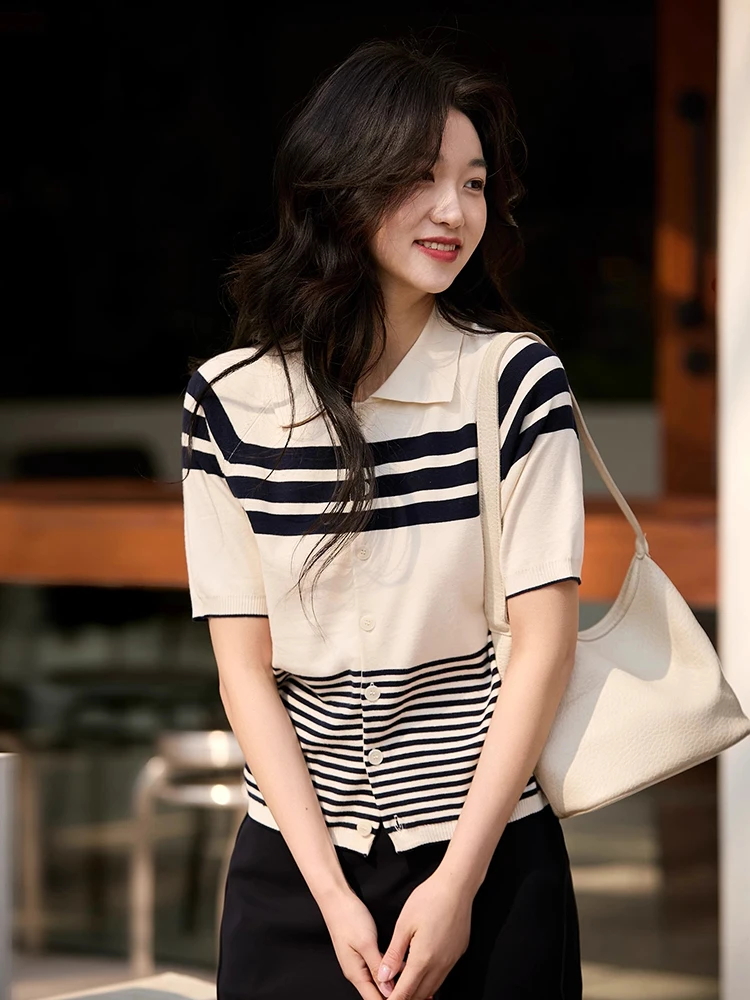 

Korean Sle Ne Knitted Stripe Color Blo ort Sve Casual Open Cardigan Women's Summer New Simple Faion Top