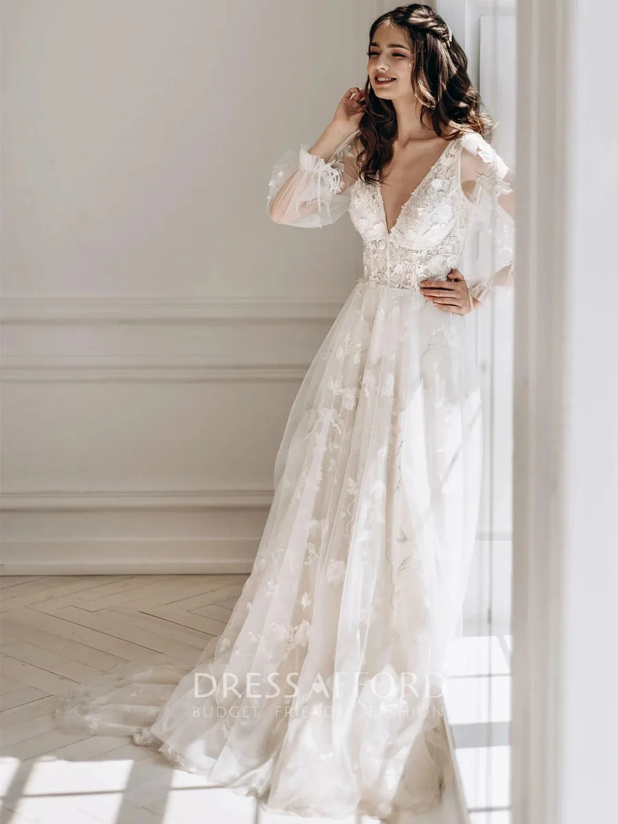 2024 Illusion V-Neck Open Back A-Line Wedding Dresses Long Sleeve Appliques Lace Bridals Gowns Vestidos De Novia image 2