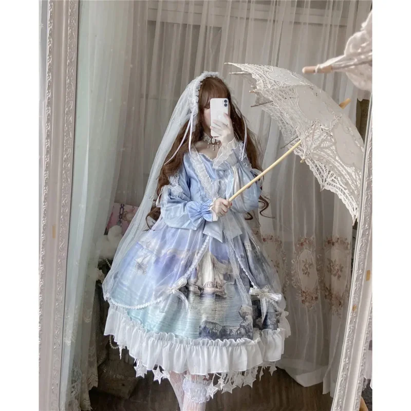 Gothic Victorian Lolita Dress Op Swan Princess Castle Lolita Flower Wedding Oil Painting Kawaii Print Palace Fairy Dream Dress