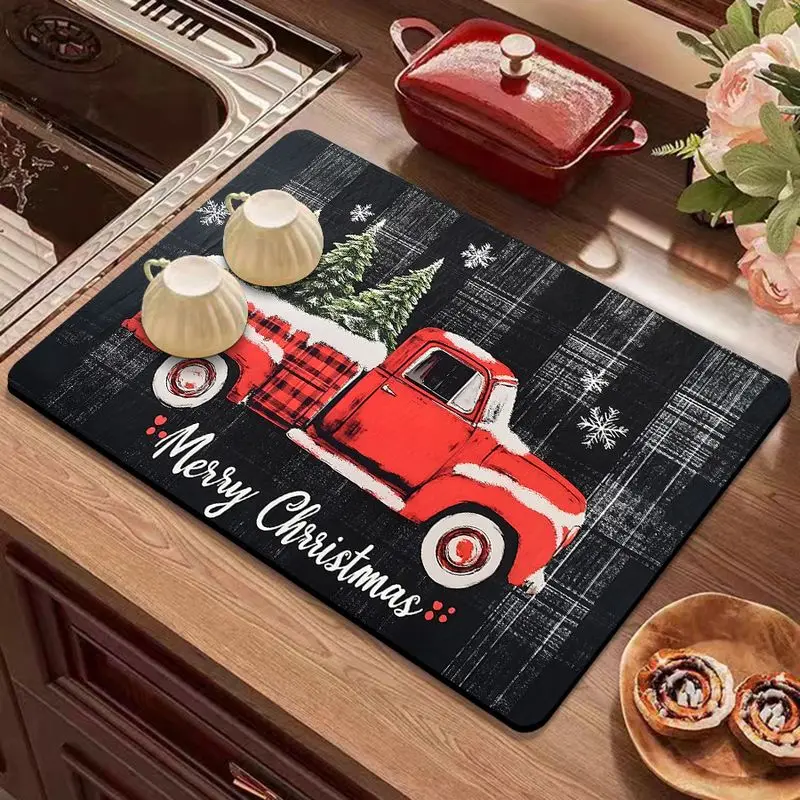 VIKAMA Kitchen Absorbent Mat Snowman Hot Cup Red Non Slip Counter Dish Drying Christmas Home Decor