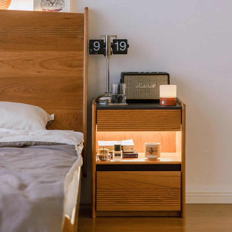 

Pinecone bedside solid wood rock slab small nano cherry wood home bedroom with lamp ultra-narrow bedside