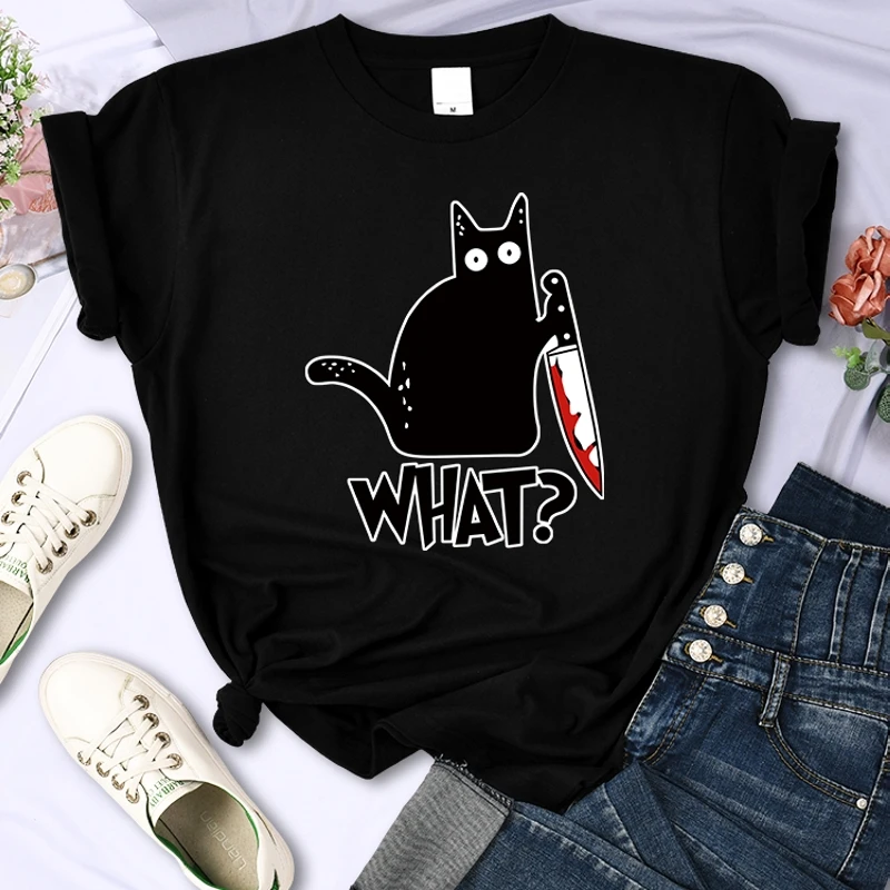 Street Hip Hop Tops Kitchen Knife Black Cat What Print Tees Female Short Sleeve Fashion Breathable T-Shirts Summer Cool  Clothes