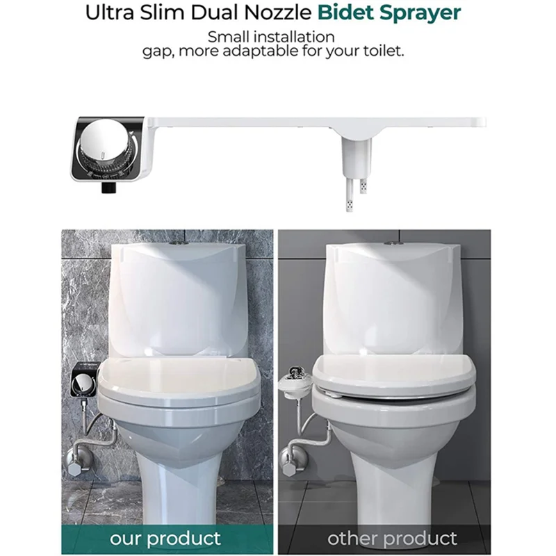 A07I Bidet Attachment Ultra-Slim Toilet Double Nozzle Spiral Adjustable Water Pressure Non-Electric Sprayer With Hose