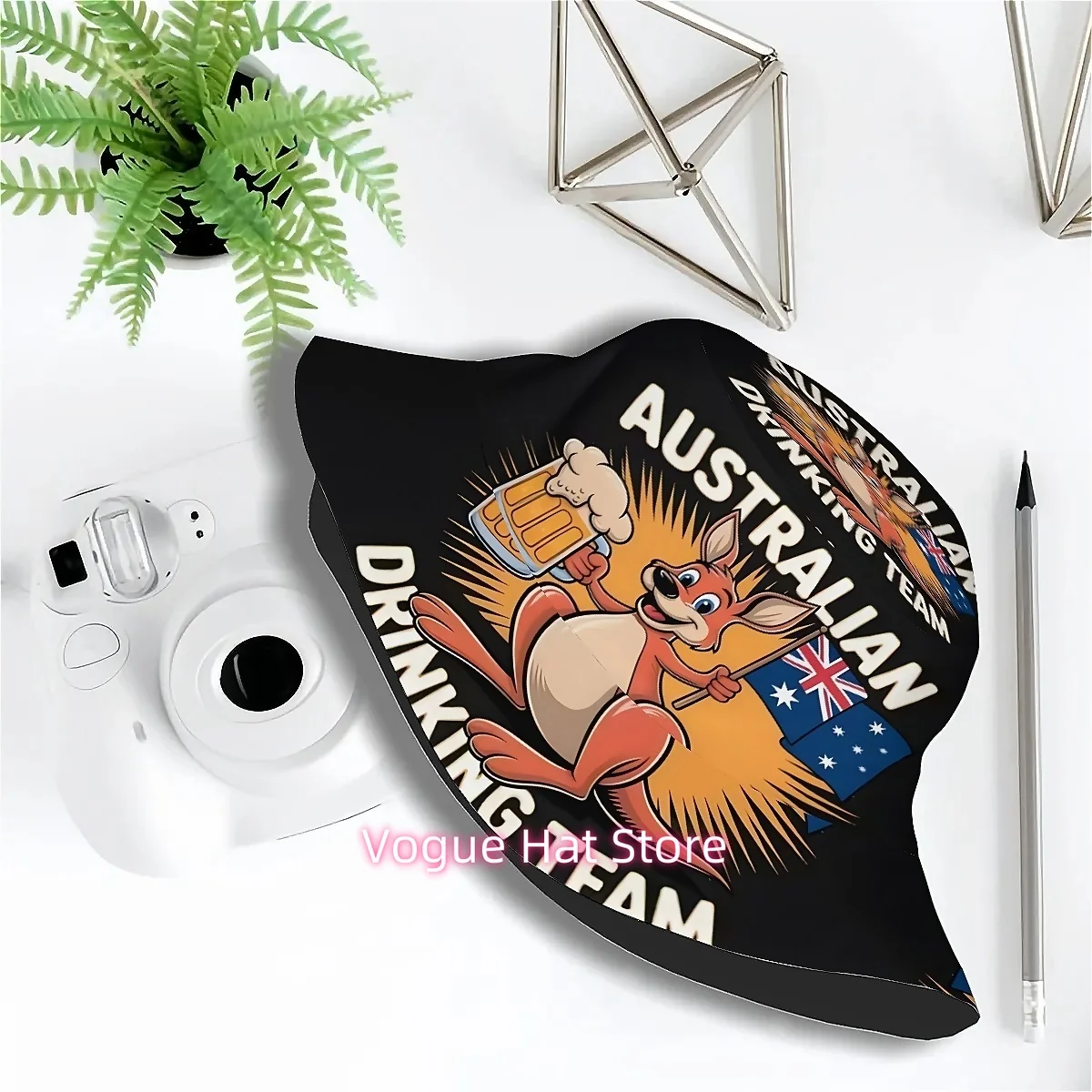 ()1pcs Australia Day, Kangaroo and Australian Flag, Beer Glass Unisex Printed Fisherman Hat, Stylish Hat with Fun Personality, O