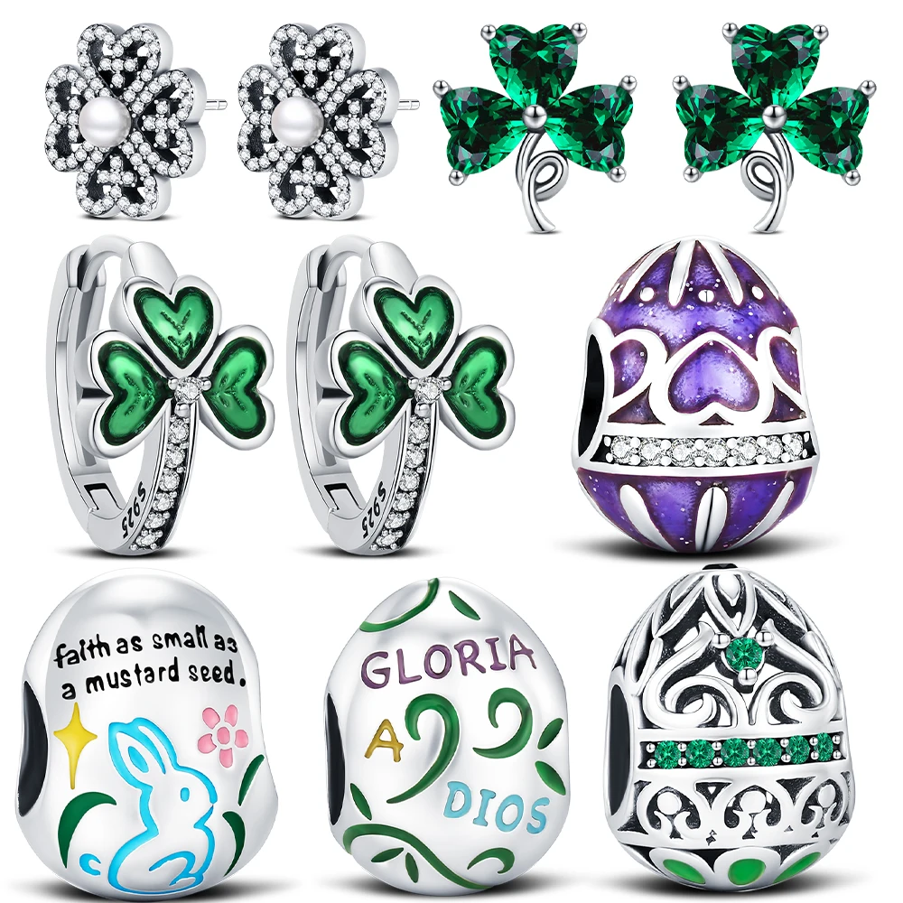 

Новые подвески-шармы из стерлингового серебра 925 пробы в форме пасхального яйца и клевера для изготовления украшений, серег, браслетов, модные женские украшения, подарки на удачу и праздники
