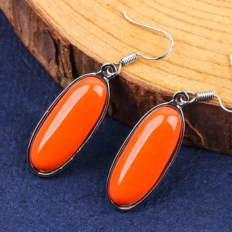 Fashion Boho Retro Orange Oval Stone Earrings for Women Vintage Ethnic Silver Color Long Drop Jewelry Female Friendship Gift