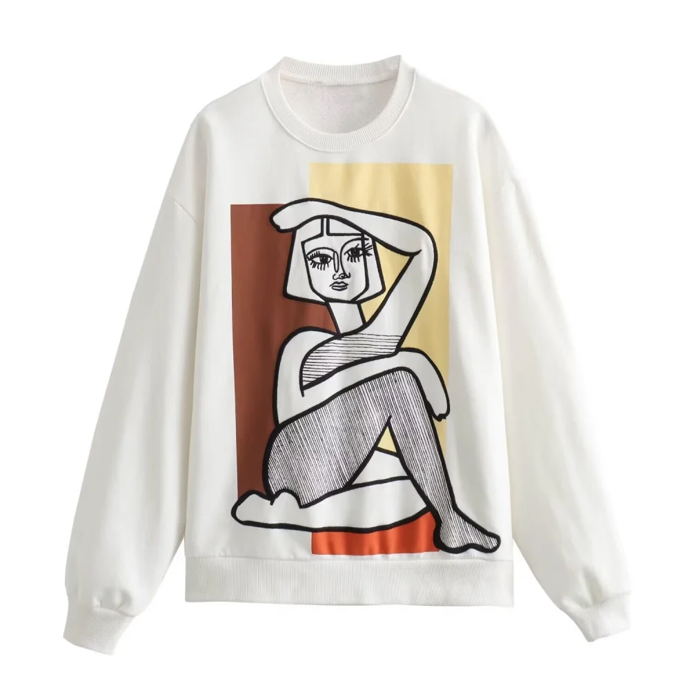 

women's loose fitting collar top with round neck long sleeved figure print autumn and winter new fashion hoodie