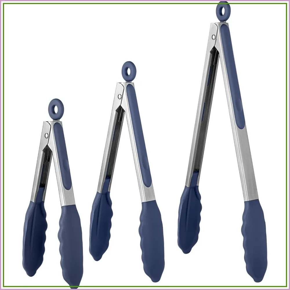 

600ºF Heat Resistant Kitchen Tongs: 7/9/12 inch Silicone Cooking Tong Set with Non Stick Rubber Tips and Silicon Coated Stainless Steel Handle for Serving Grilling Salad Midnight Blue